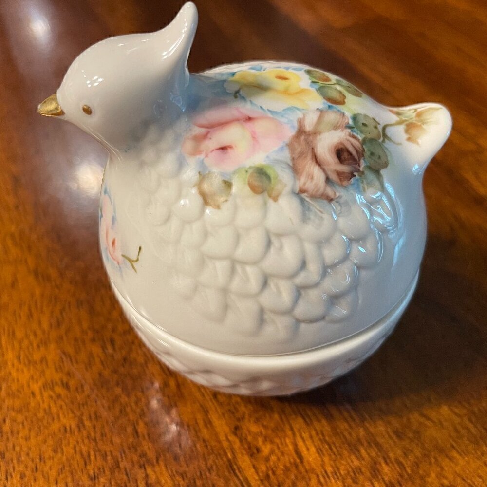 Hand Painted Italian Bird Trinket Box Ceramic Floral 2.5" x 3.5" Unique!!